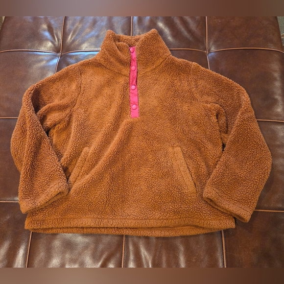 J. Crew Jackets & Blazers - J.Crew Brown Fleece Pullover with Pink Accents Large